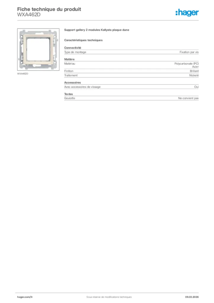 Image Hager Fiche technique du produit WXA462D | Hager France