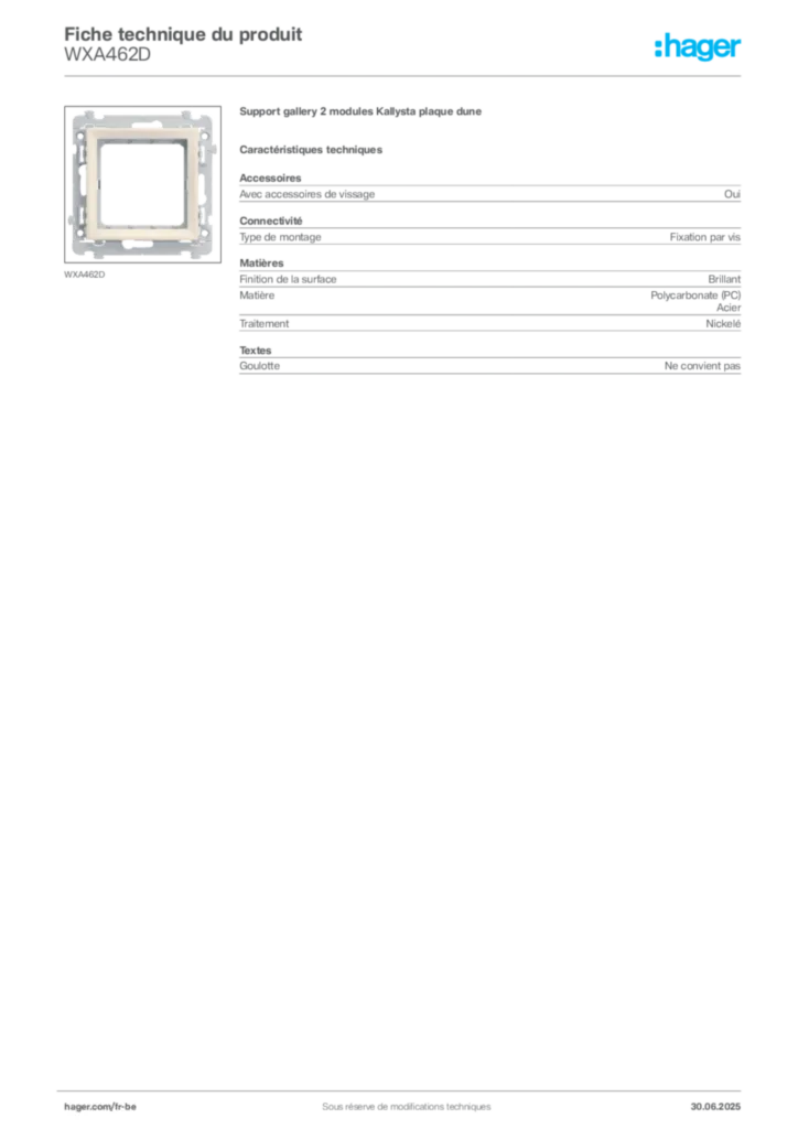 Image Hager Fiche technique du produit WXA462D | Hager Belgique