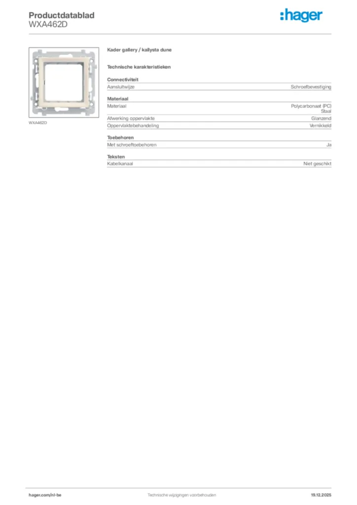 Afbeelding Hager Productdatablad WXA462D | Hager Belgium