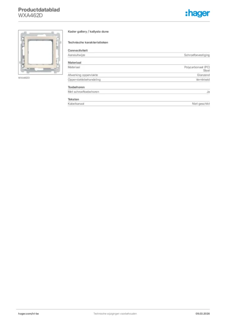 Afbeelding Hager Productdatablad WXA462D | Hager Belgium