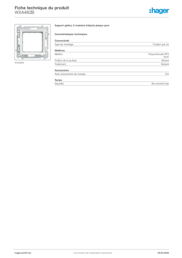 Image Hager Fiche technique du produit WXA462B | Hager Belgique