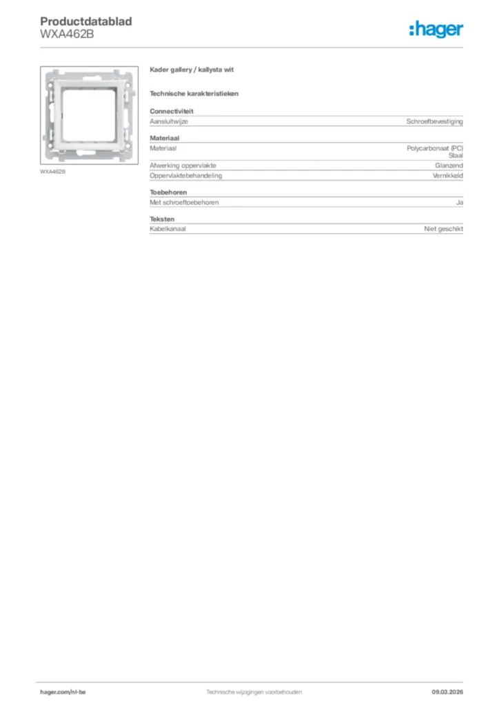 Afbeelding Hager Productdatablad WXA462B | Hager Belgium