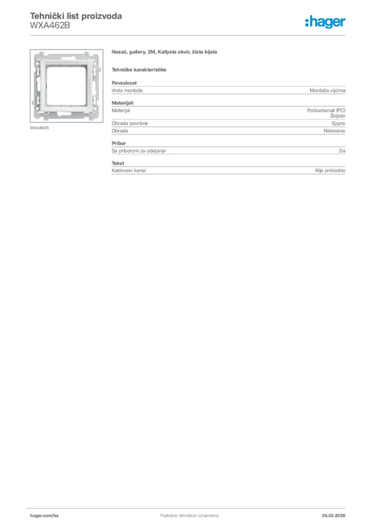 Slika Hager Tehnički list proizvoda WXA462B  | Hager