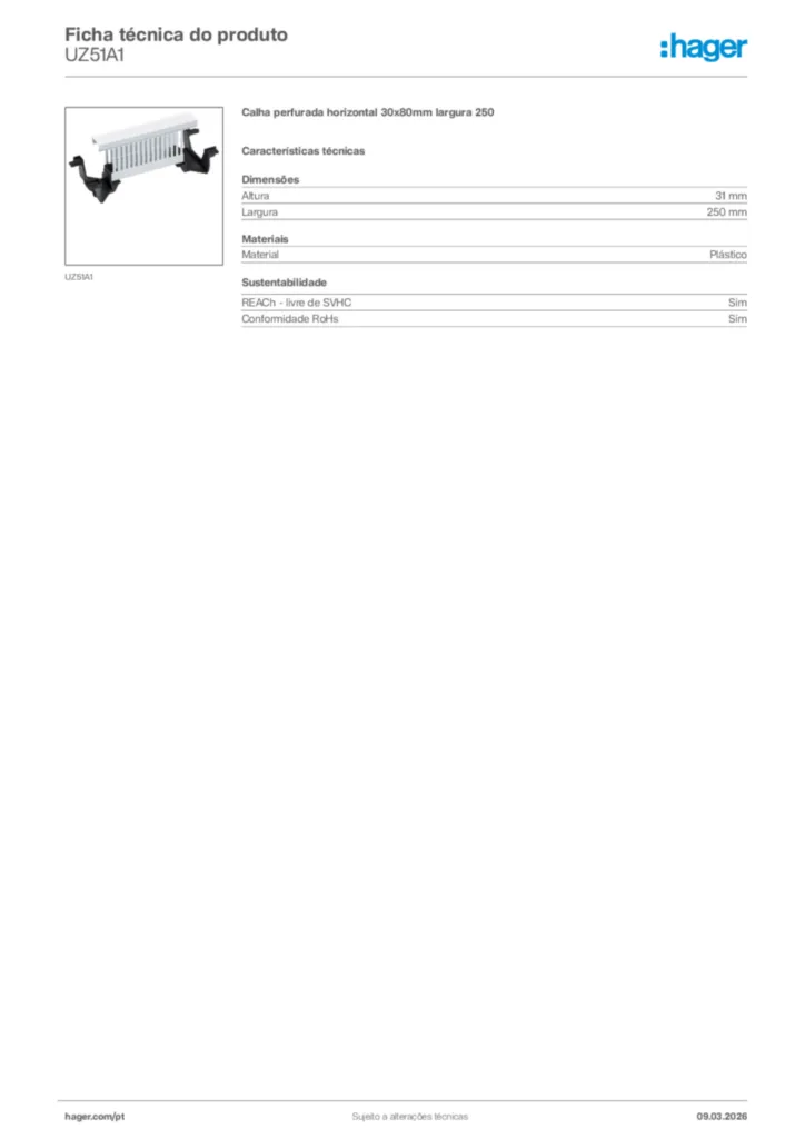 Imagem Hager Ficha técnica do produto UZ51A1 | Hager Portugal