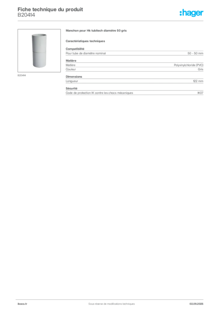 Image Iboco Fiche technique du produit B20414 | Hager France