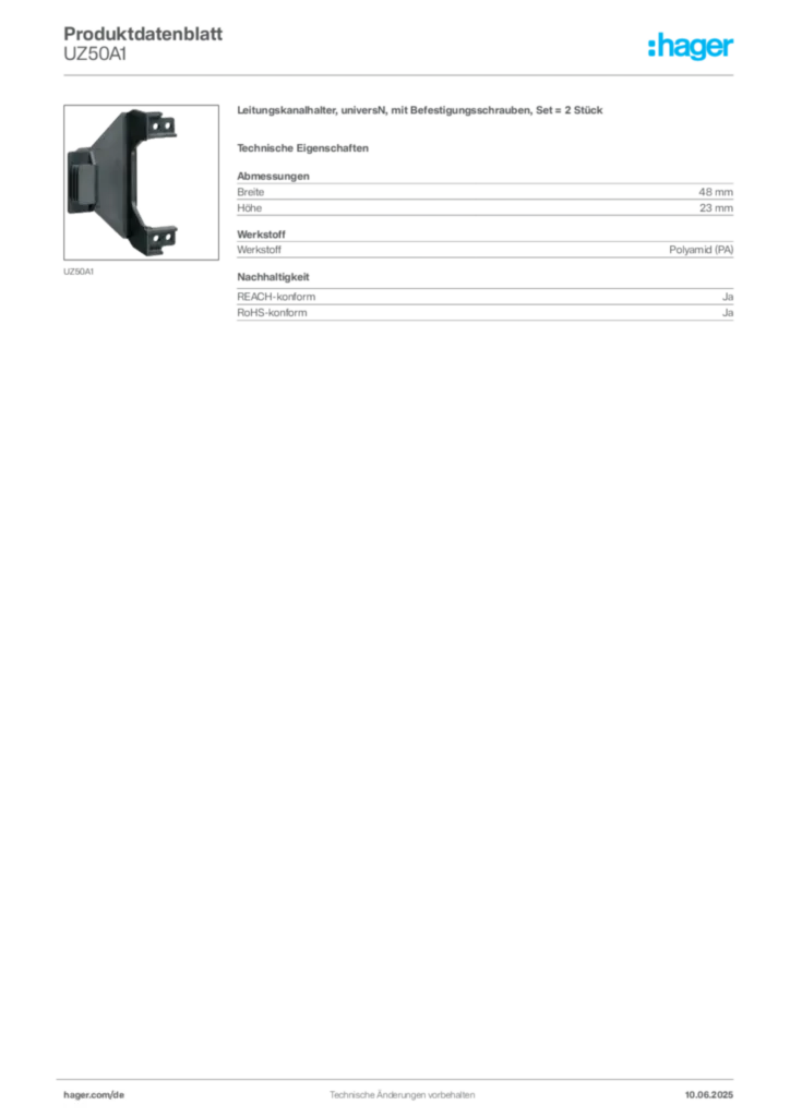 Hager Produktdatenblatt UZ50A1