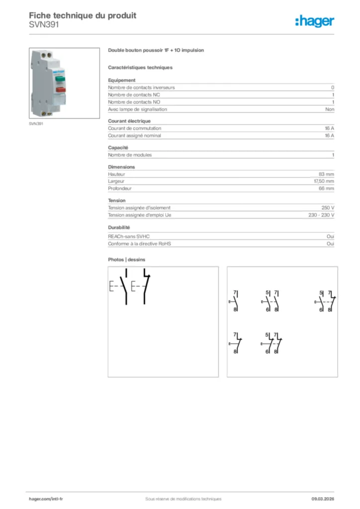 Image Hager Fiche technique du produit SVN391 | Hager Afrique