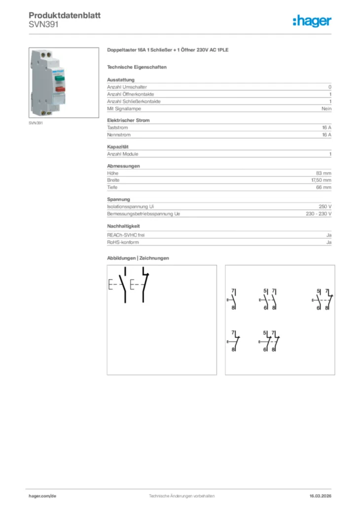 Bild Hager Produktdatenblatt SVN391 | Hager Deutschland