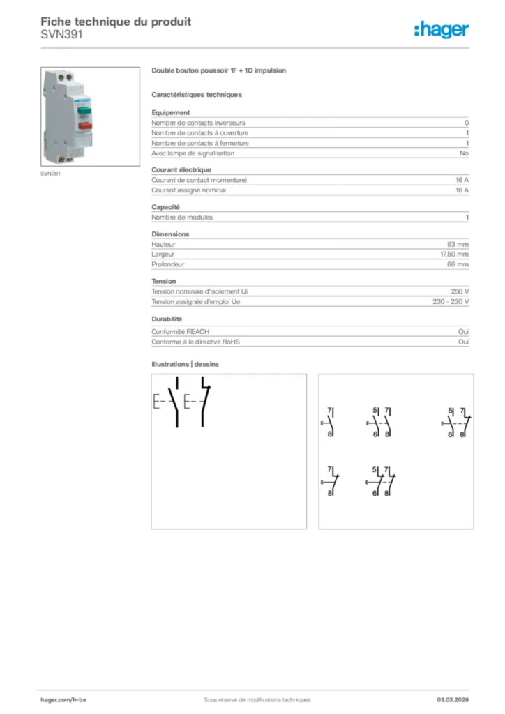 Image Hager Fiche technique du produit SVN391 | Hager Belgique
