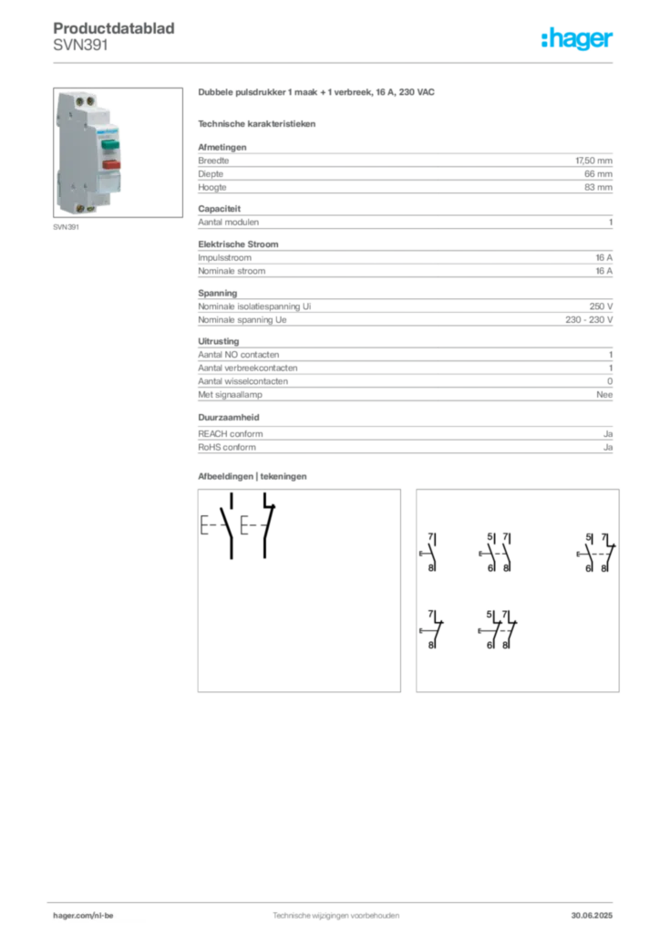 Afbeelding Hager Productdatablad SVN391 | Hager Belgium
