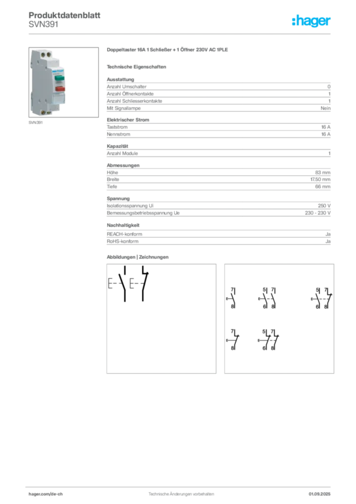 Bild Hager Produktdatenblatt SVN391 | Hager Schweiz