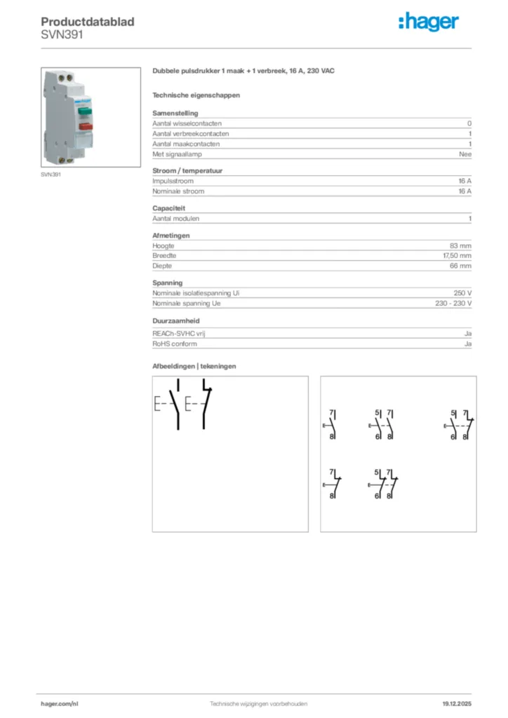 Afbeelding Hager Productdatablad SVN391 | Hager Nederland