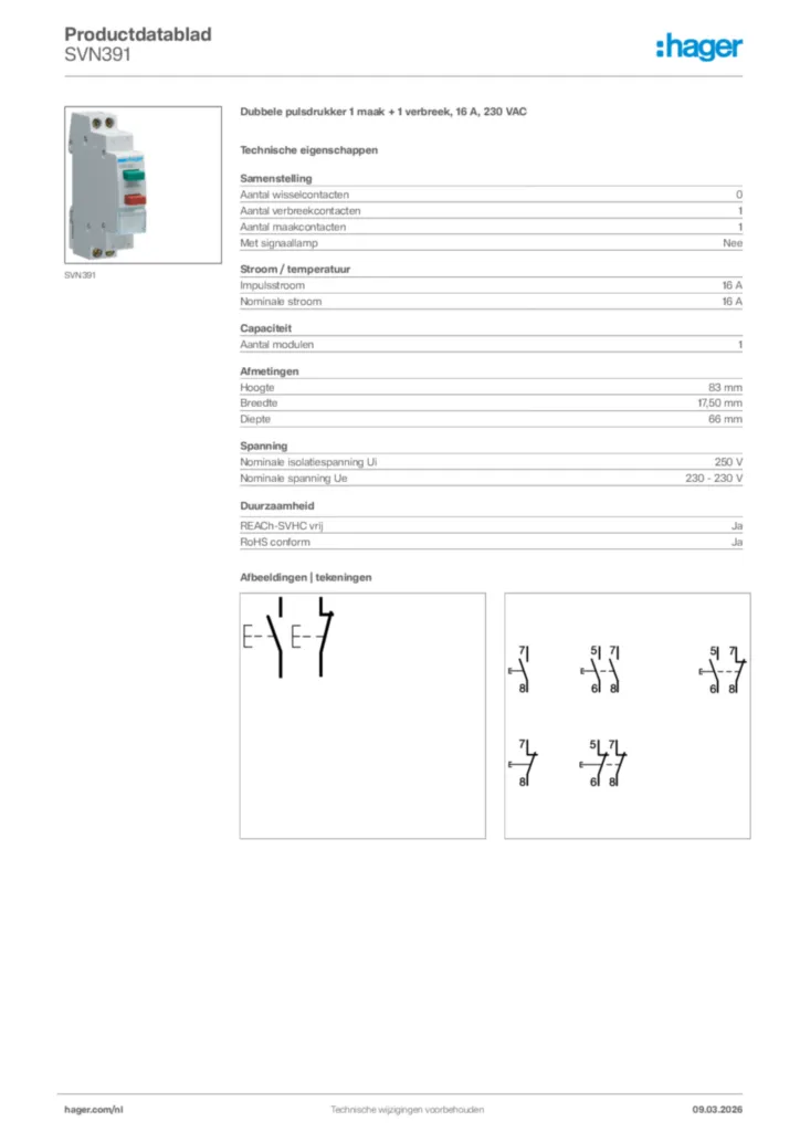 Afbeelding Hager Productdatablad SVN391 | Hager Nederland