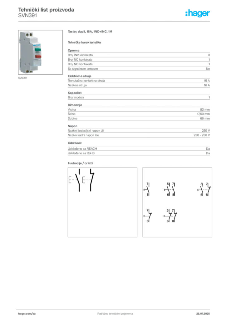 Slika Hager Product data sheet SVN391  | Hager