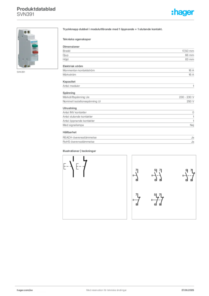 Bild Hager Produktdatablad SVN391 | Hager Sverige