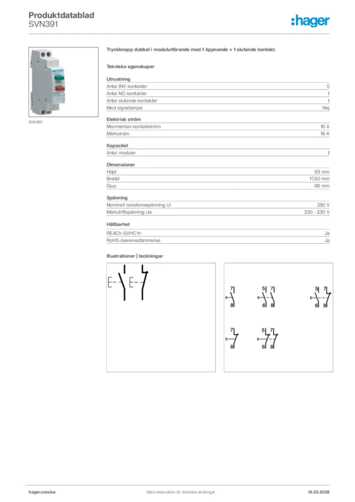 Bild Hager Produktdatablad SVN391 | Hager Sverige