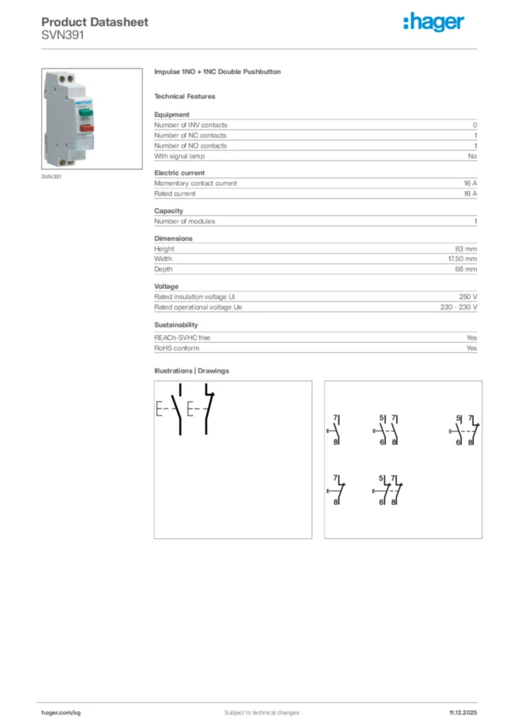 Image Hager Product data sheet SVN391  | Hager