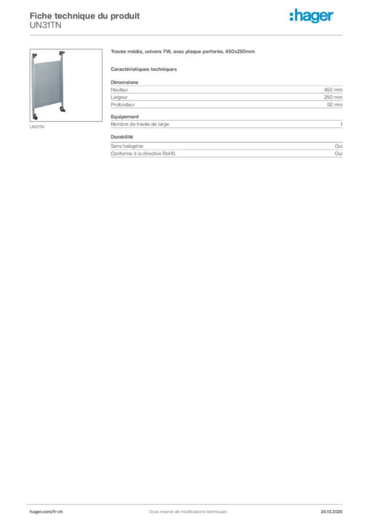 Image Hager Fiche technique du produit UN31TN | Hager Suisse