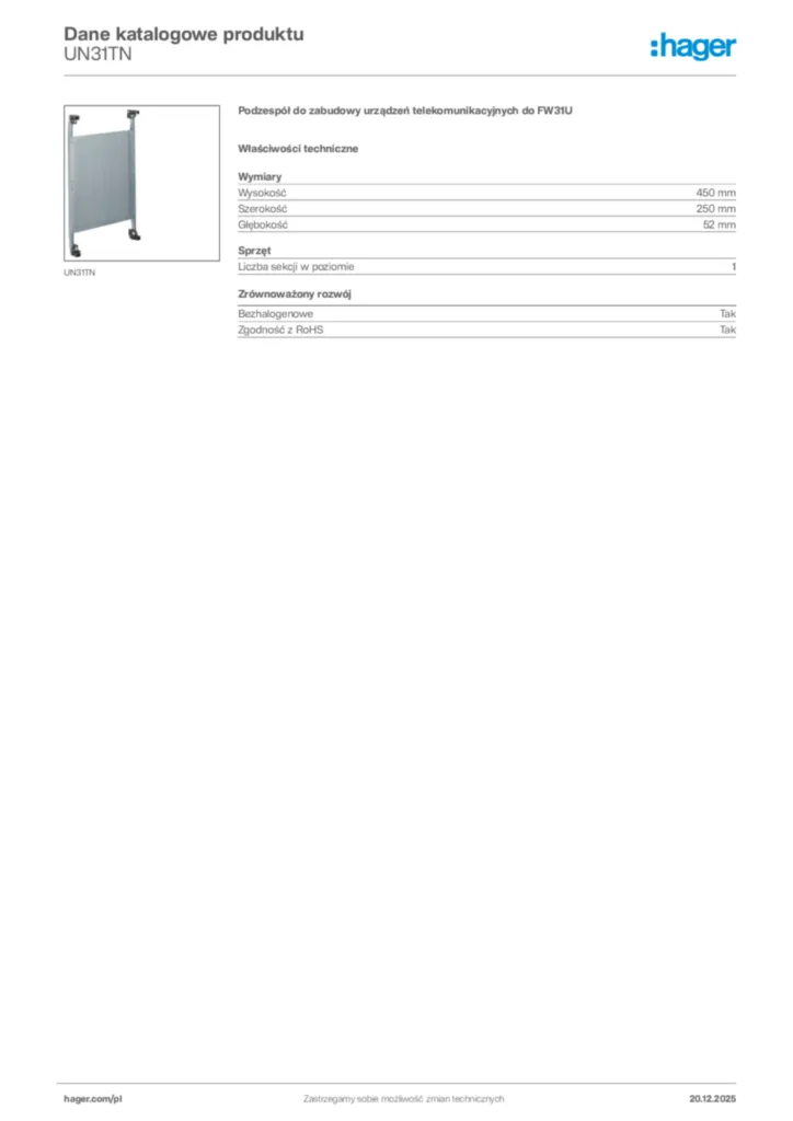 Zdjęcie Hager Karta katalogowa UN31TN | Hager Polska