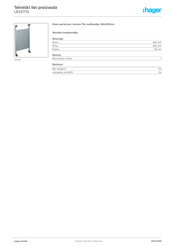 Slika Hager Product data sheet UN31TN  | Hager