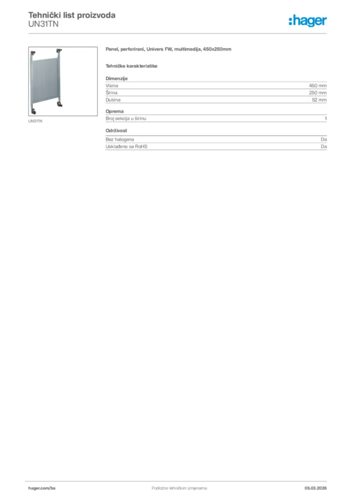 Slika Hager Tehnički list proizvoda UN31TN  | Hager