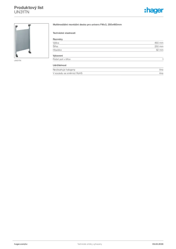 Obrázek Hager Product data sheet UN31TN | Hager