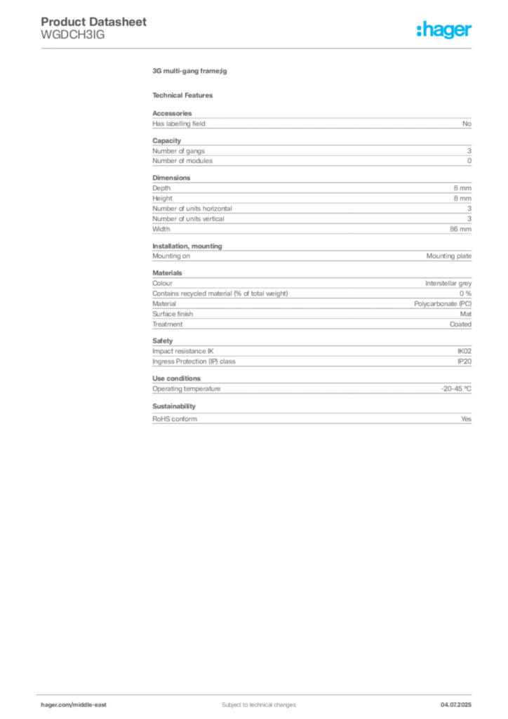 Image Hager Product data sheet WGDCH3IG  | Hager