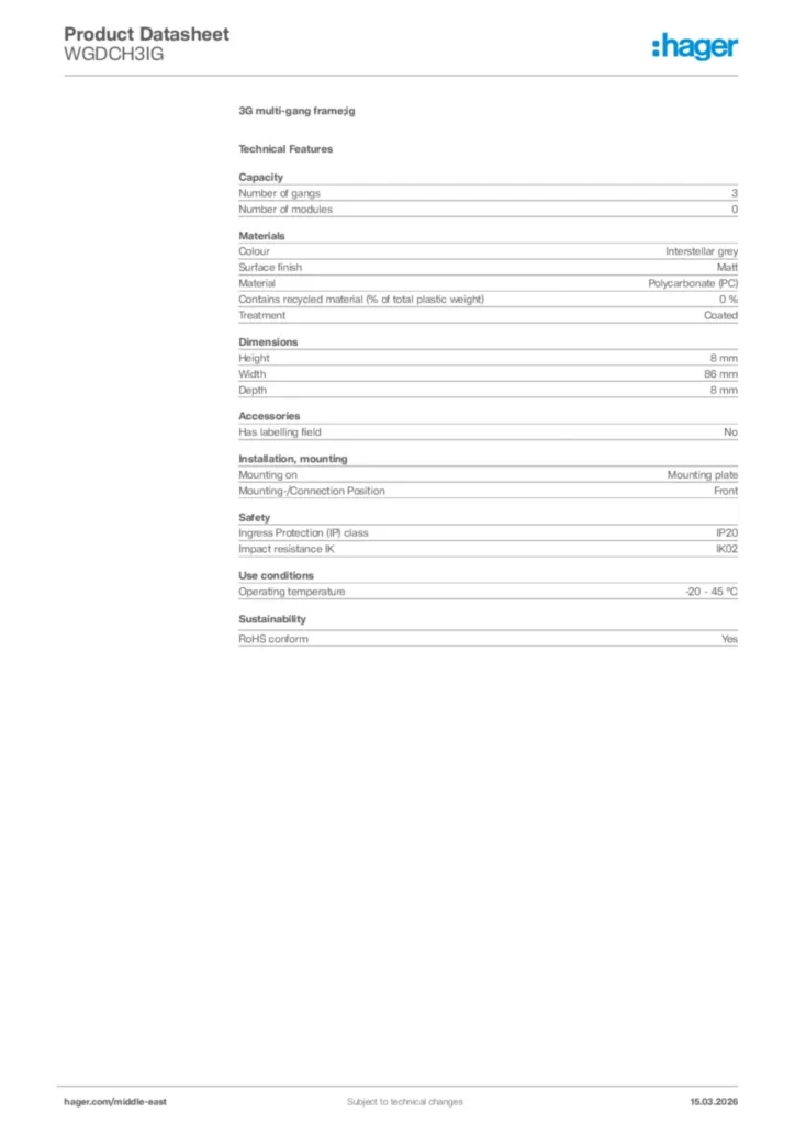 Image Hager Product data sheet WGDCH3IG  | Hager