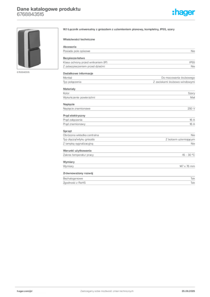 Zdjęcie Hager Karta katalogowa 6768843515 | Hager Polska