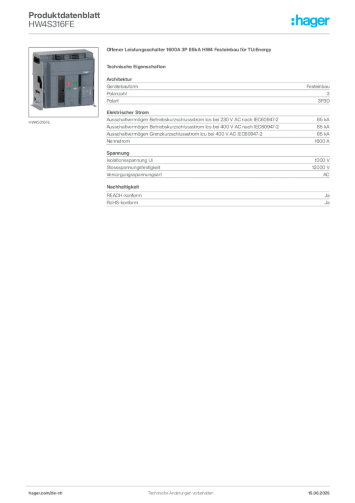 Bild Hager Produktdatenblatt HW4S316FE | Hager Schweiz
