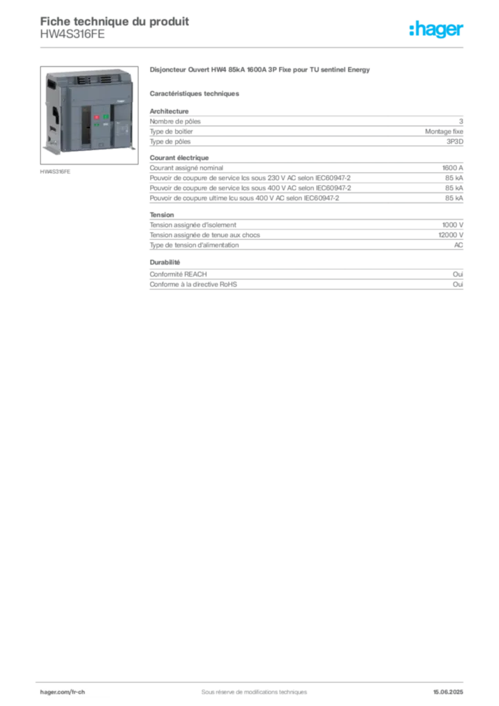 Image Hager Fiche technique du produit HW4S316FE | Hager Suisse