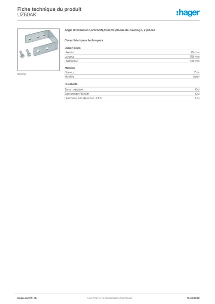 Image Hager Fiche technique du produit UZ50AK | Hager Suisse