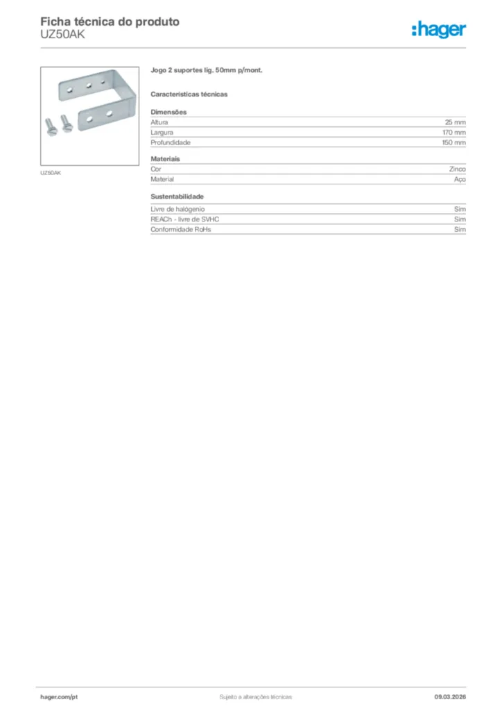 Imagem Hager Ficha técnica do produto UZ50AK | Hager Portugal