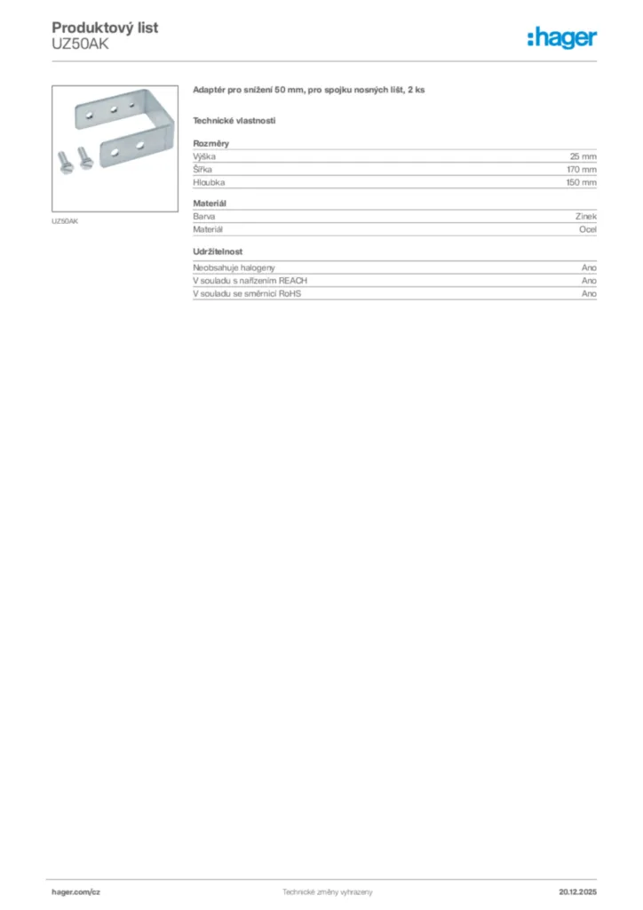 Obrázek Hager Produktový list UZ50AK | Hager