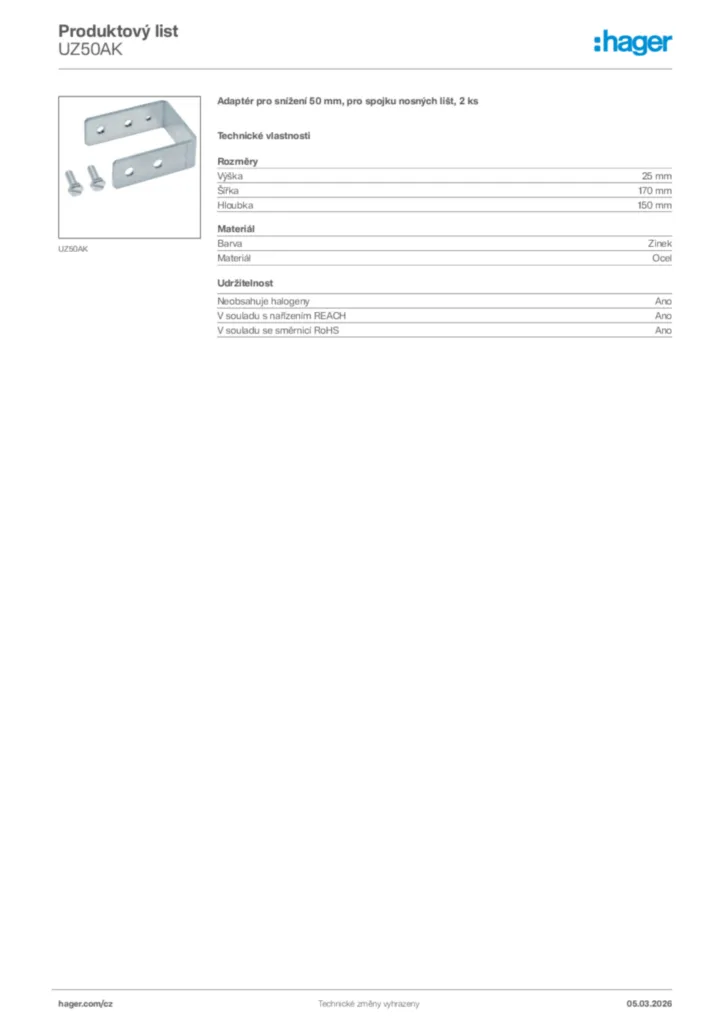 Obrázek Hager Product data sheet UZ50AK | Hager