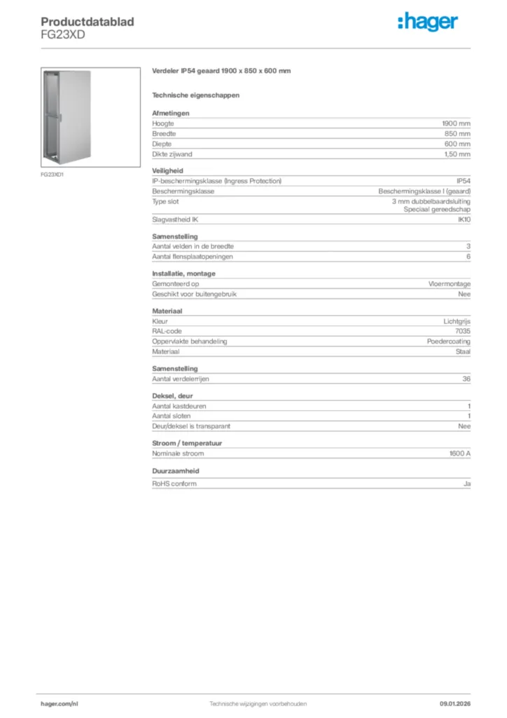 Afbeelding Hager Productdatablad FG23XD | Hager Nederland