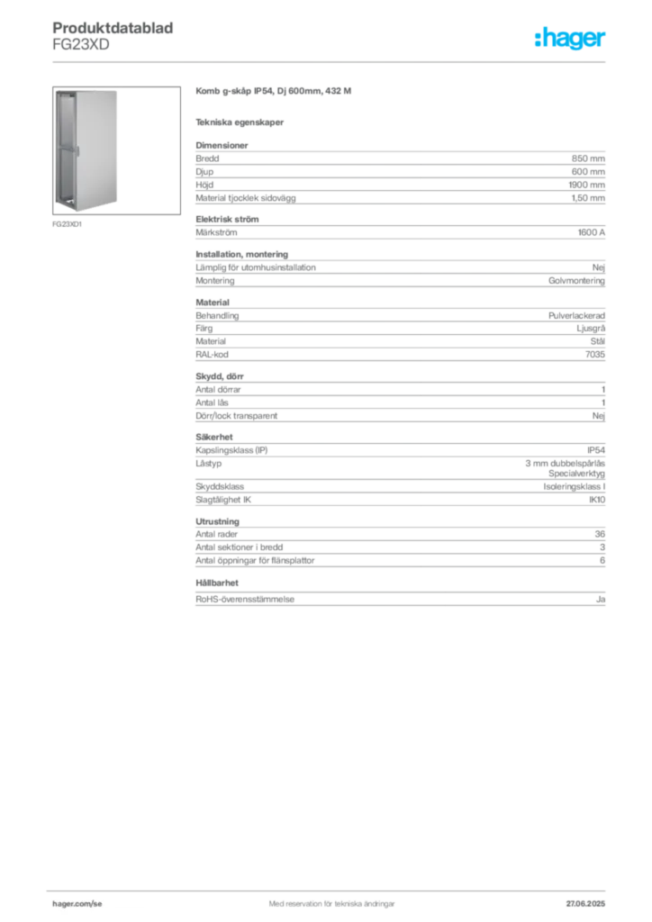 Bild Hager Produktdatablad FG23XD | Hager Sverige