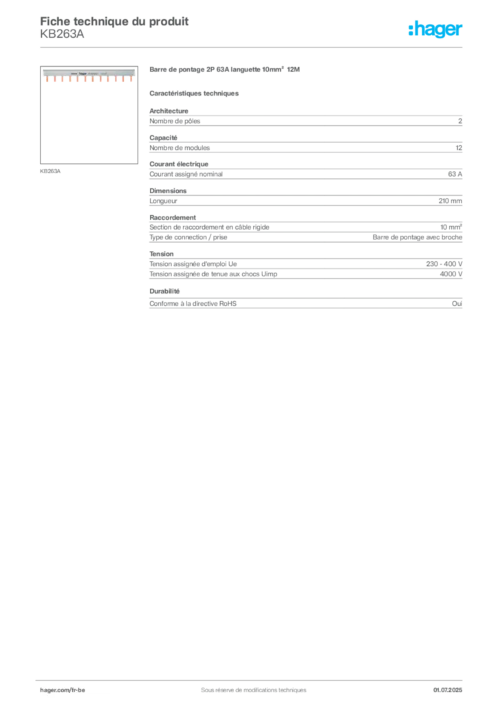 Image Hager Fiche technique du produit KB263A | Hager Belgique