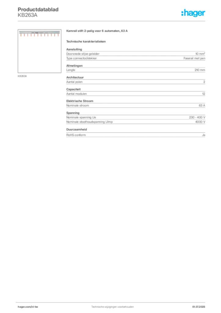Afbeelding Hager Productdatablad KB263A | Hager Belgium