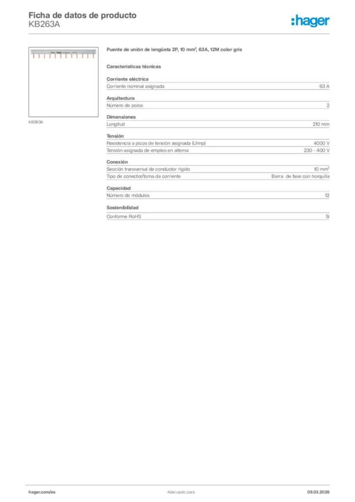 Imagen Hager Ficha de datos de producto KB263A | Hager España