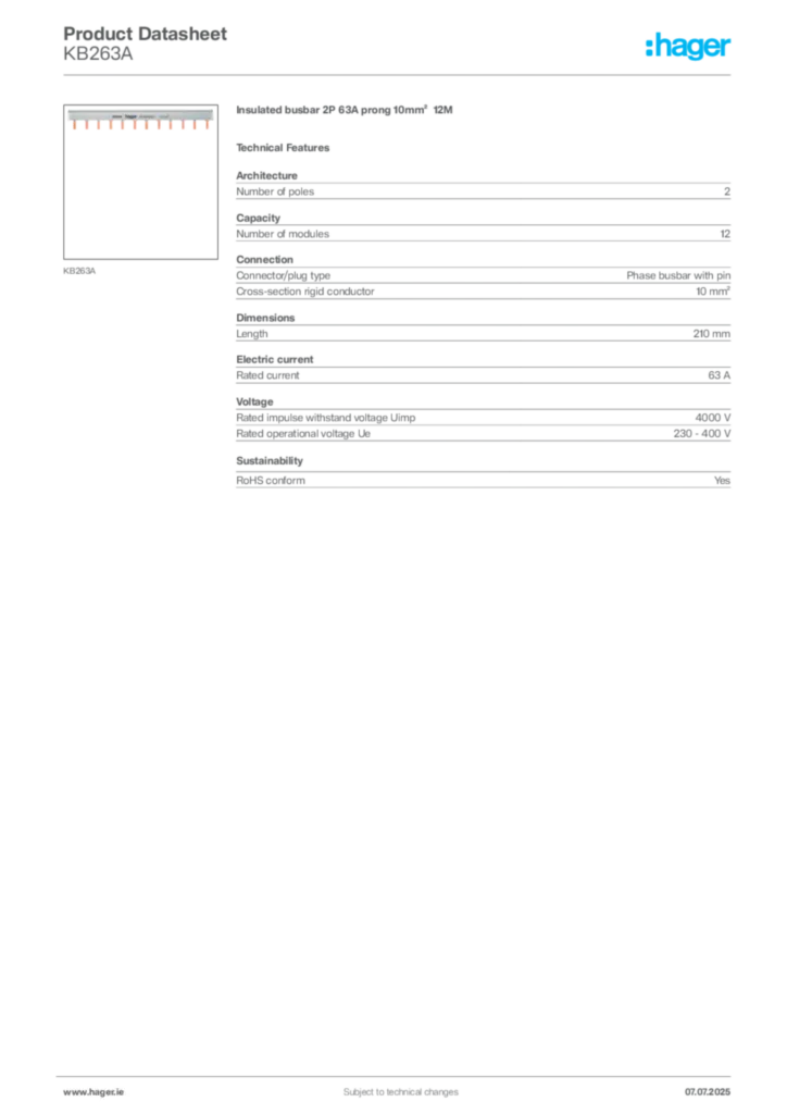 Image Hager Product data sheet KB263A  | Hager