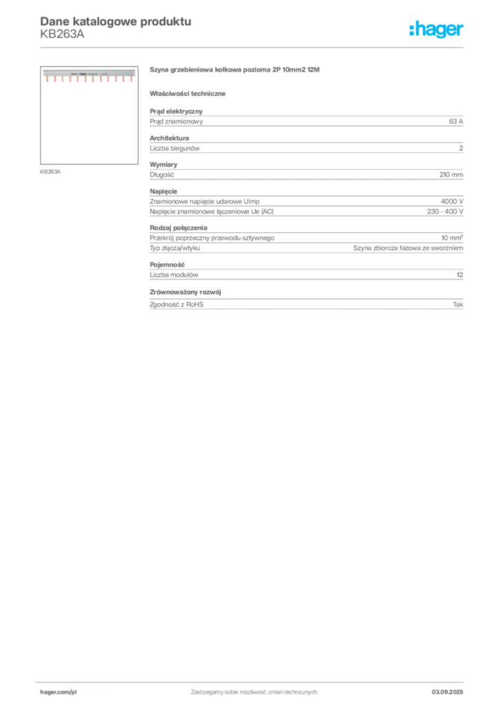Zdjęcie Hager Karta katalogowa KB263A | Hager Polska