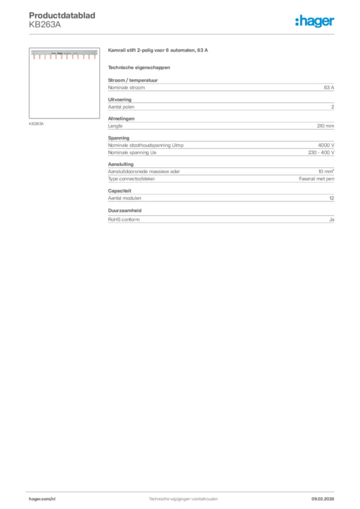Afbeelding Hager Productdatablad KB263A | Hager Nederland