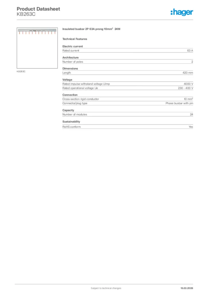 Image Hager Product data sheet KB263C  | Hager Africa