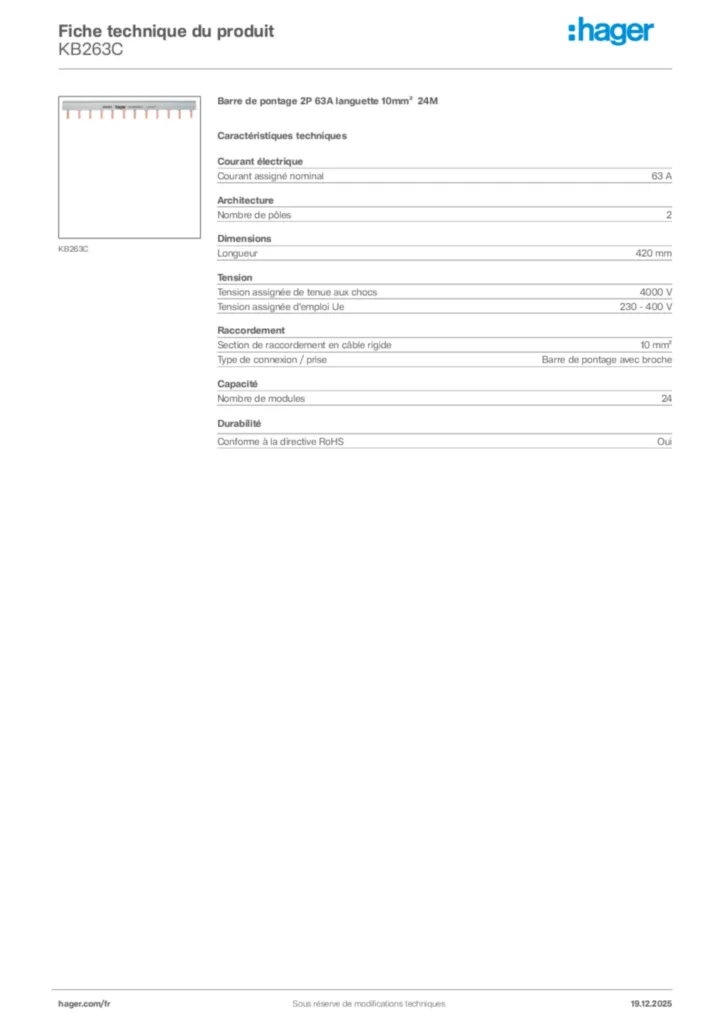 Image Hager Fiche technique du produit KB263C | Hager France