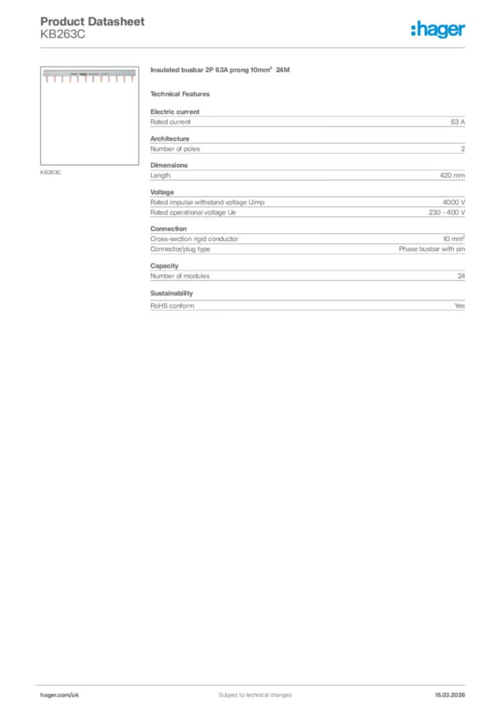 Image Hager Product data sheet KB263C  | Hager