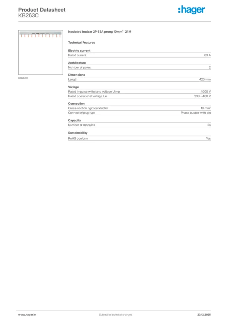Image Hager Product data sheet KB263C  | Hager