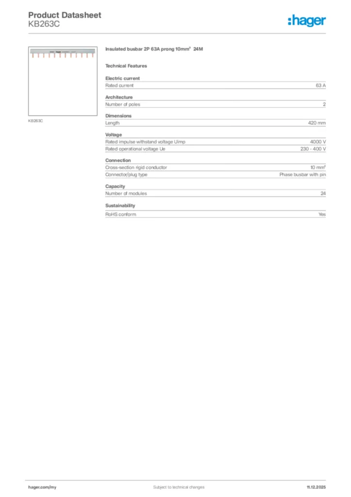 Image Hager Product data sheet KB263C  | Hager