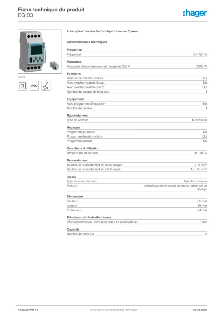 Image Hager Fiche technique du produit EG103 | Hager Belgique