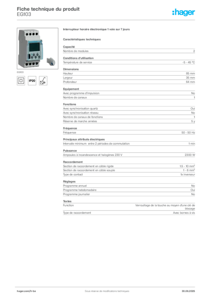 Image Hager Fiche technique du produit EG103 | Hager Belgique
